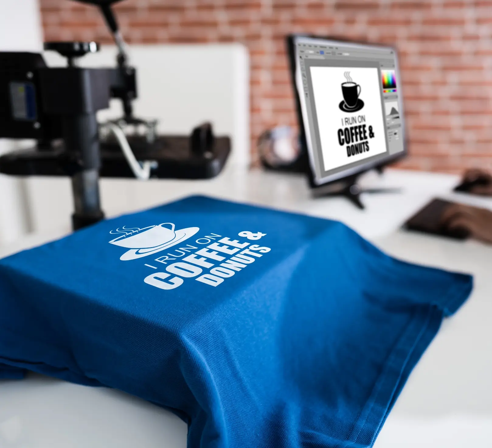 A finished multi-color print on a blue tee at the press